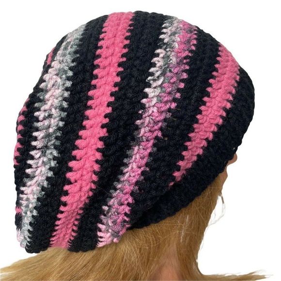 Hand Crafted Accessories - Hand Crochet Slouchy Beanie Winter Hat Black Pink Stripe Boho Scrappy Festival
